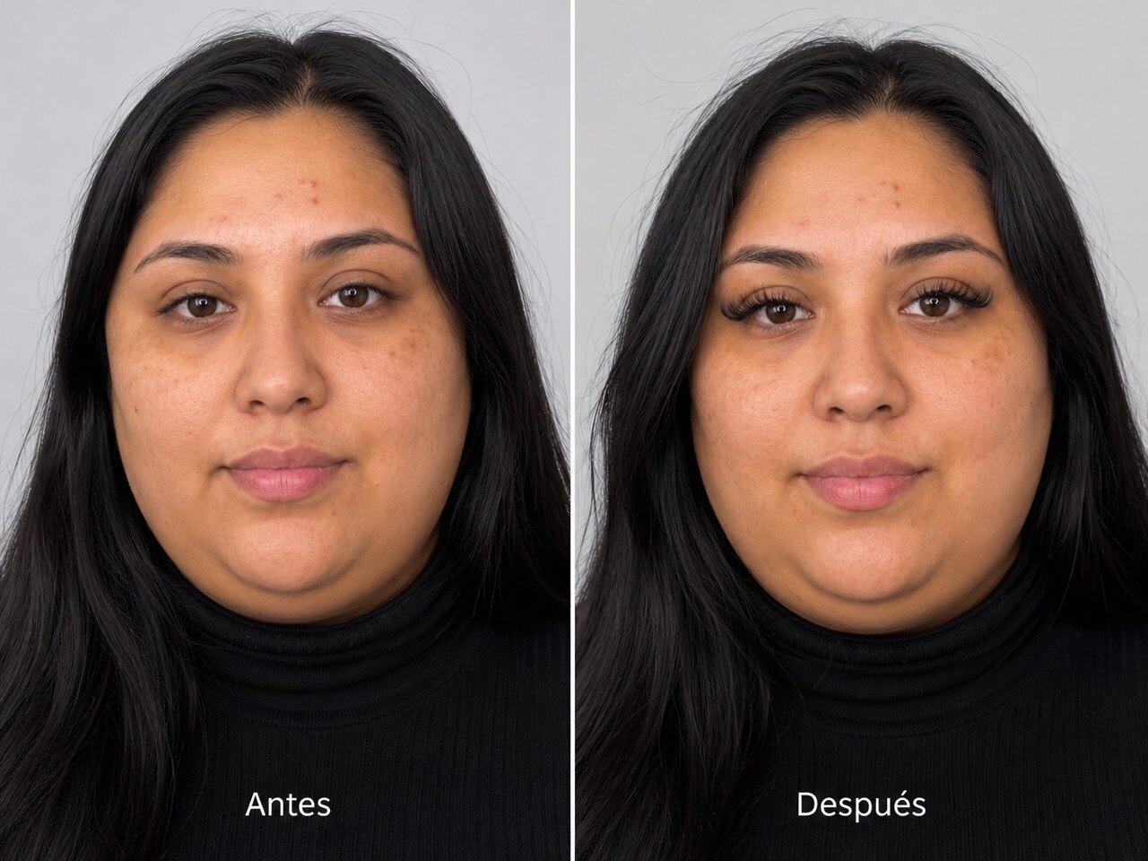 Antes y después de extensiones de pestañas en Puebla — look frontal